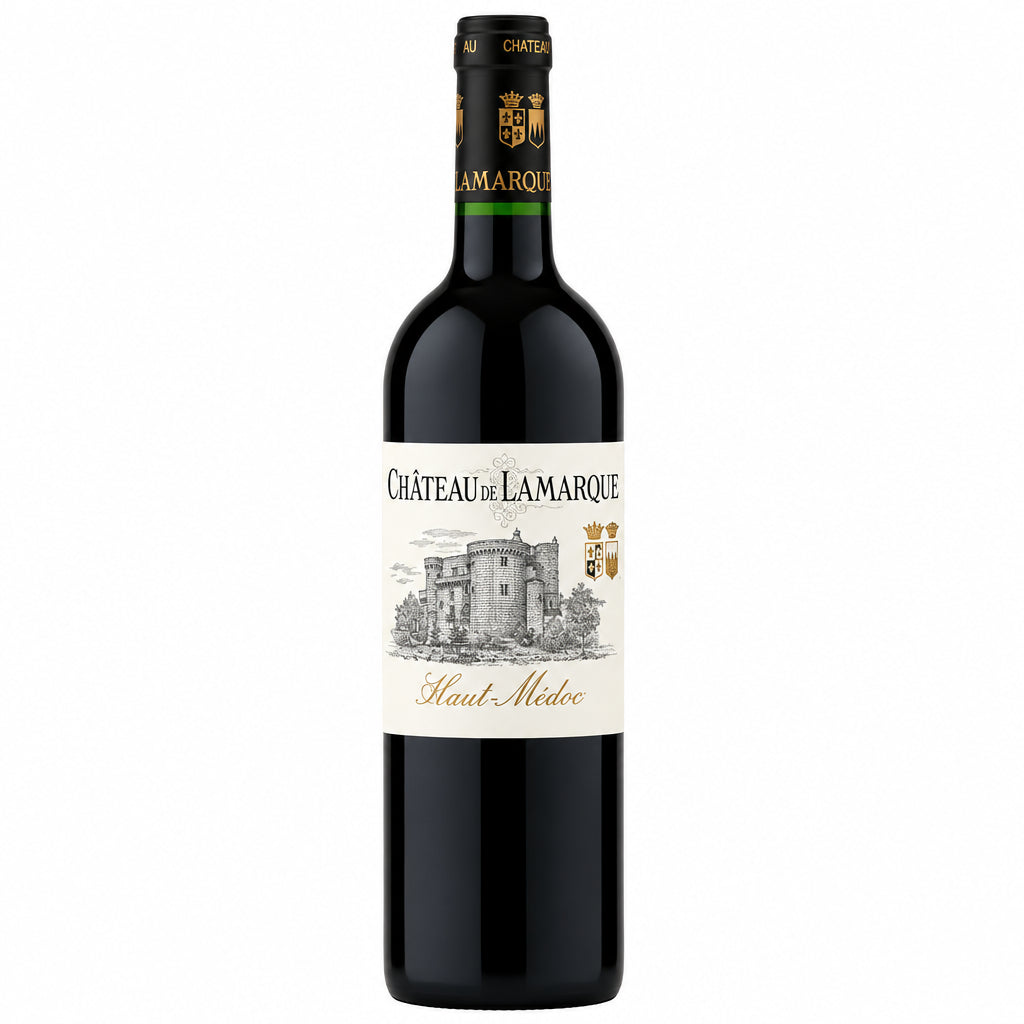 Bottle of Chateau De Lamarque Haut Medoc red wine with label visible, placed on a wooden surface.