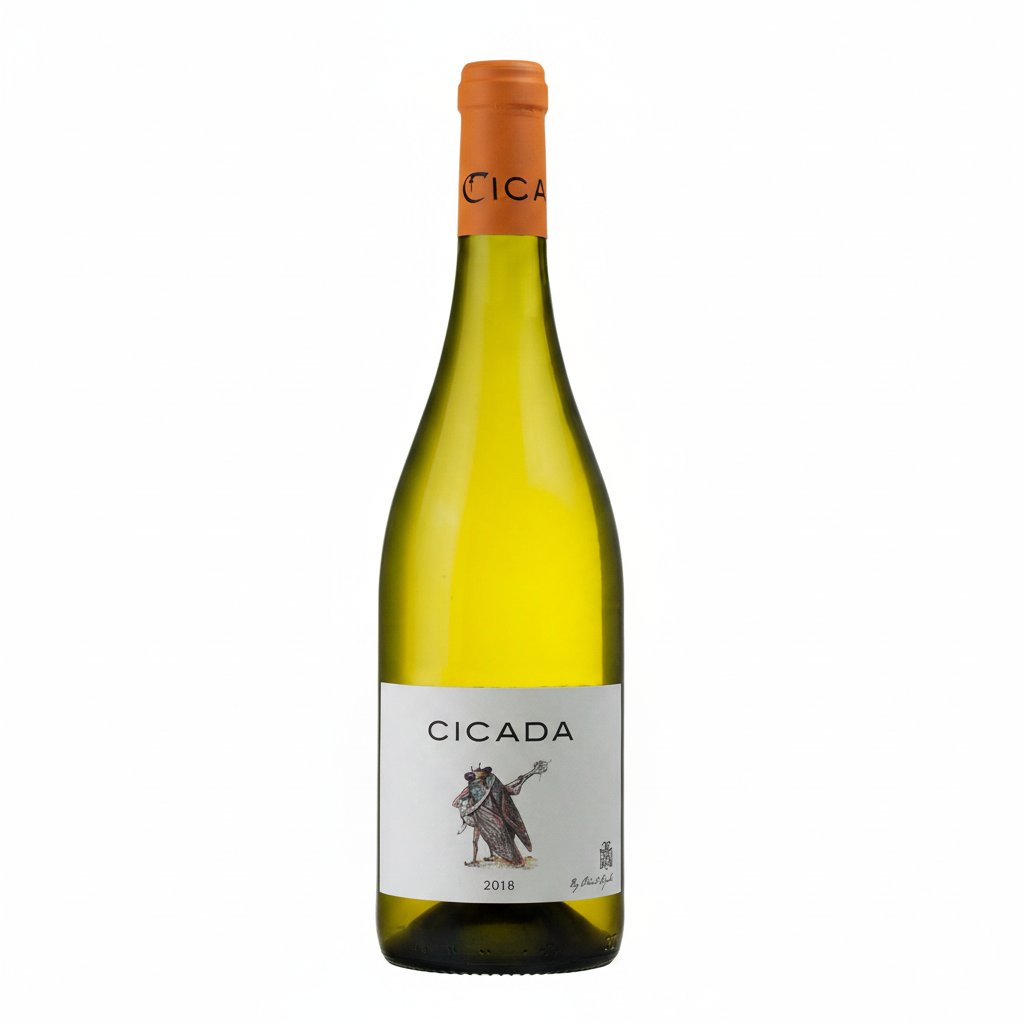 Chante Cigale Vdp Cicada wine bottle with label featuring a cicada illustration, standing upright on a neutral background.