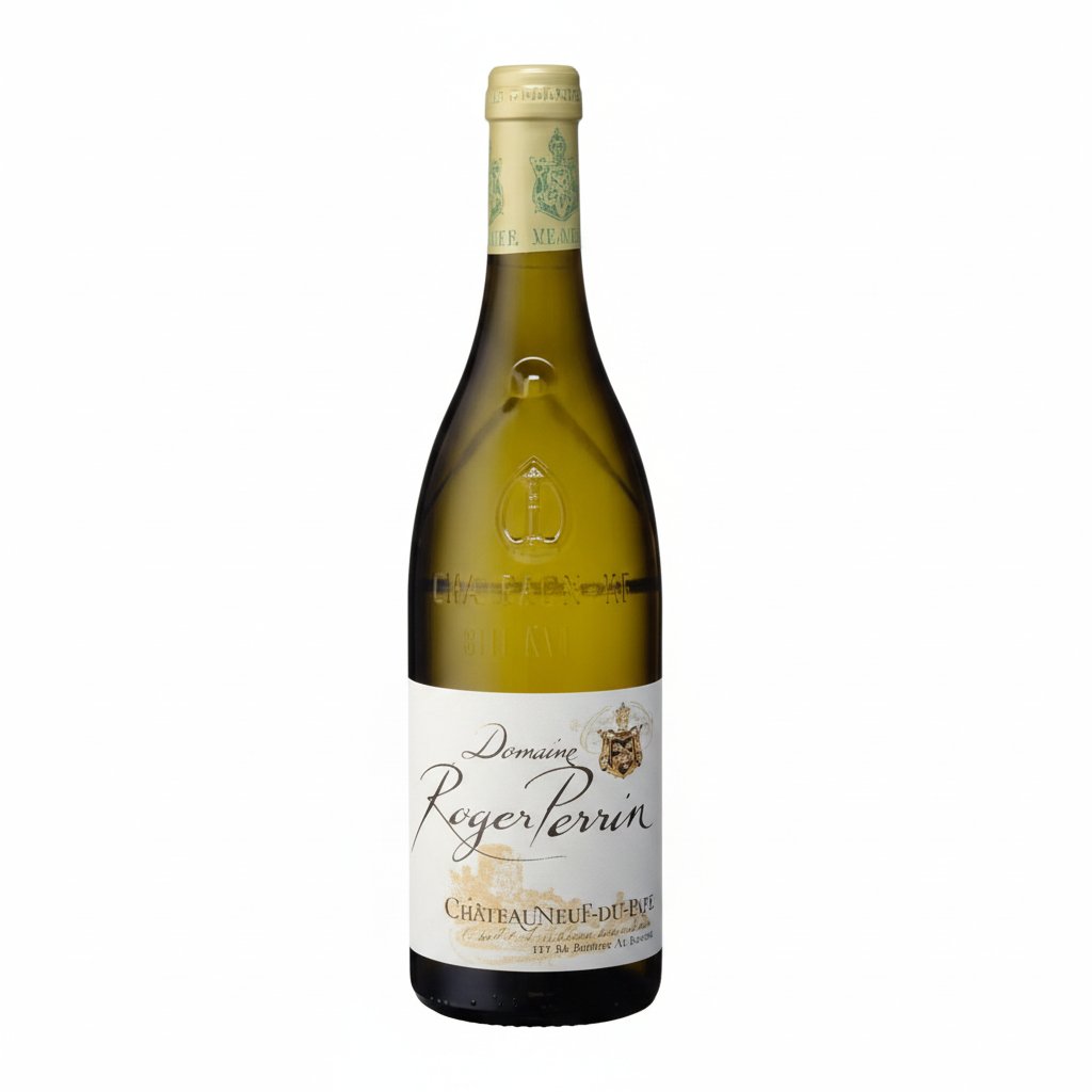 Clear image of a bottle of Roger Perrin Chateauneuf Du Pape Blanc white wine with a elegant label and cork.
