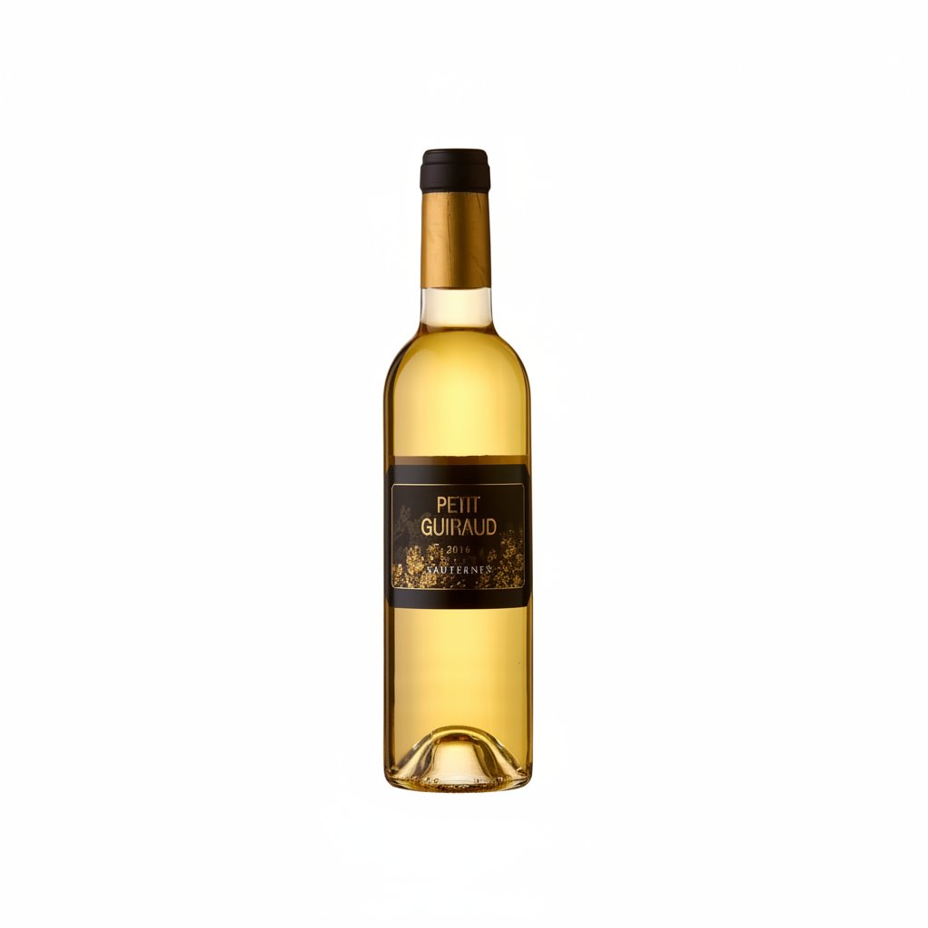 Chateau Petit Guiraud Sauternes 375mL wine bottle with label, set against a neutral background.