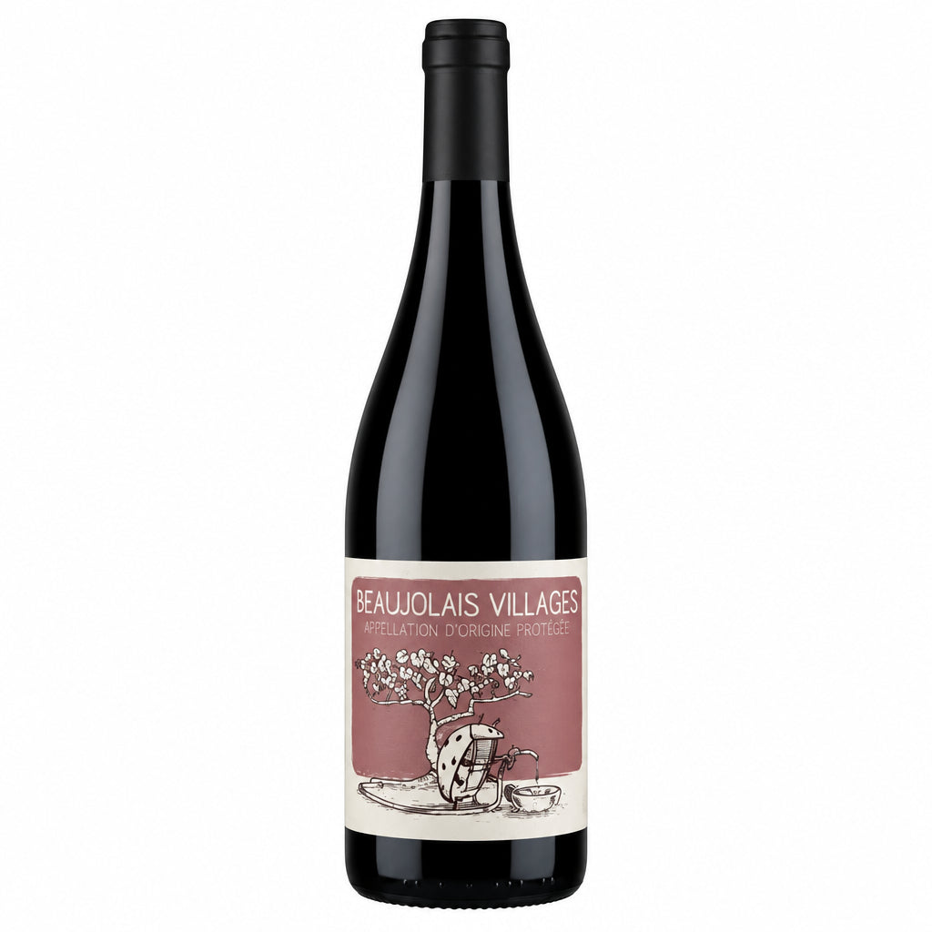 Domaine Domaine de Colonat Beaujolais Village Bon Vivant wine bottle with label and foil cap, placed on a wooden surface.
