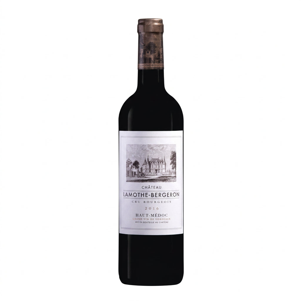 Chateau Lamothe-Bergeron Cru Bourgeois 2016 wine bottle with label, set against a neutral background.