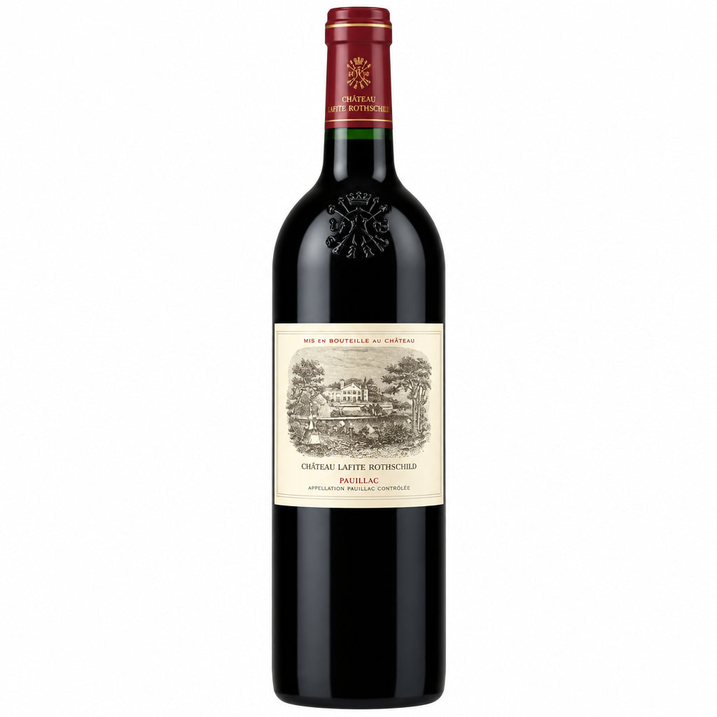 Bottle of Chateau Lafite Rothschild 2001 red wine with label visible and cork partially removed in a wine glass.