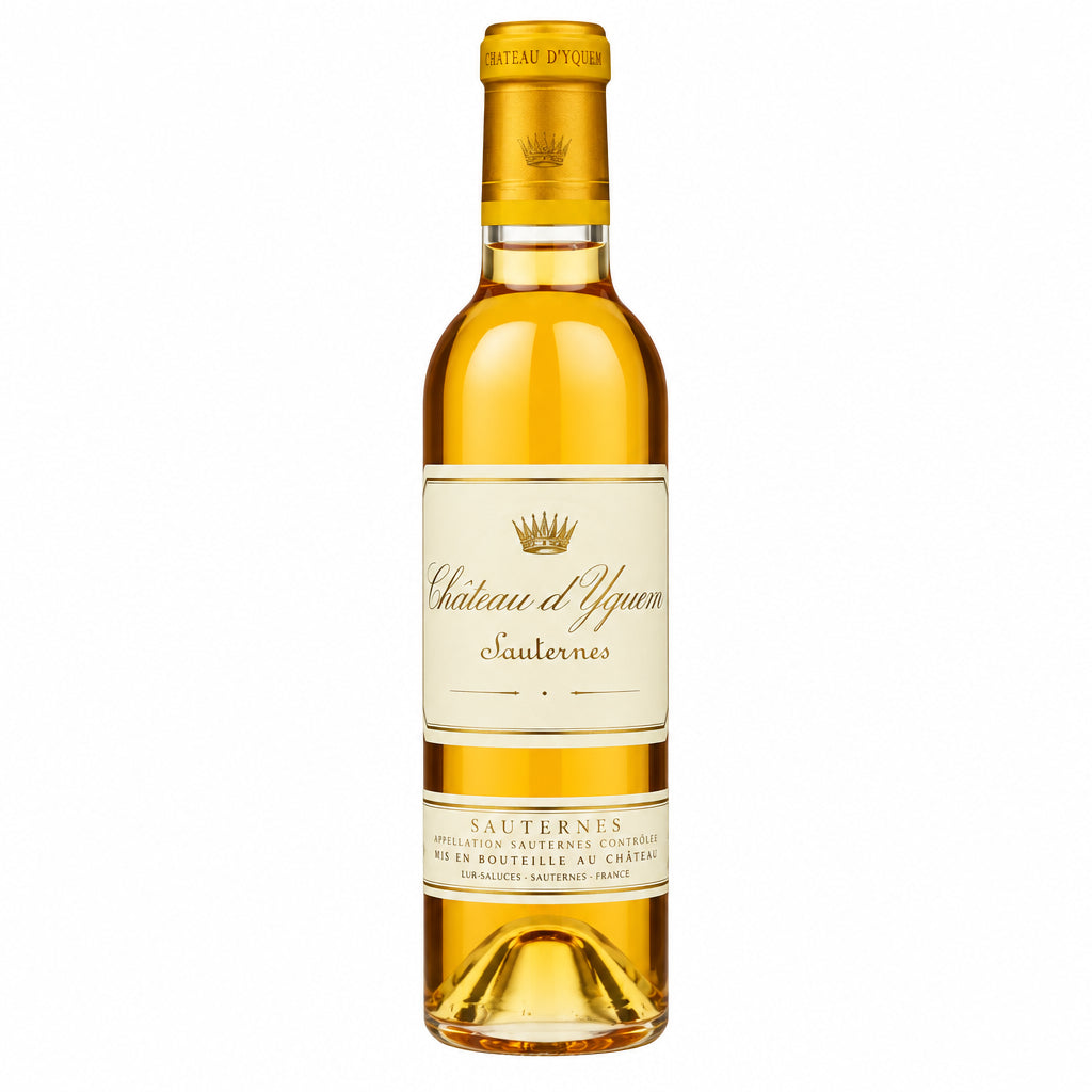Chateau D'yquem Sauternes 2016 375mL bottle with elegant label and golden liquid inside, on a neutral background.