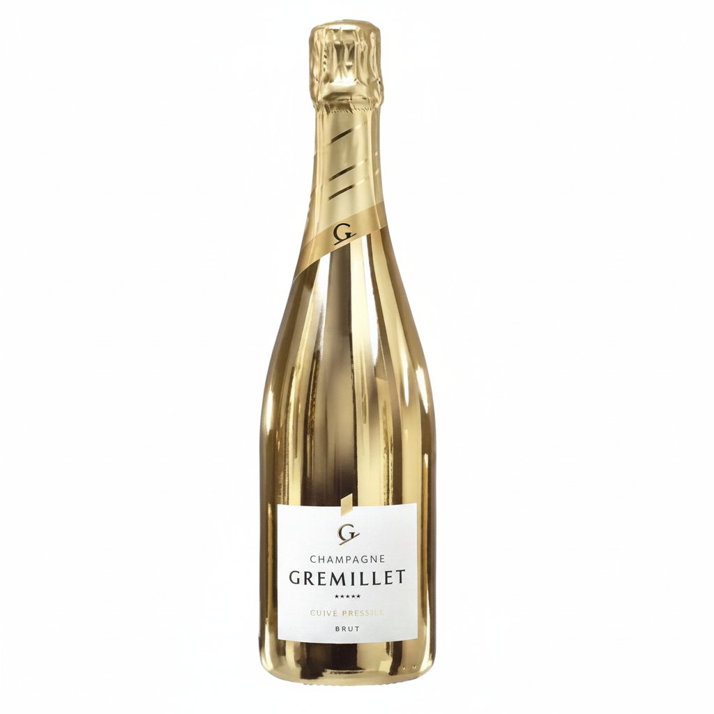 Gremillet Gold Special Cuvee champagne bottle with gold foil and elegant label, displayed on a white background.