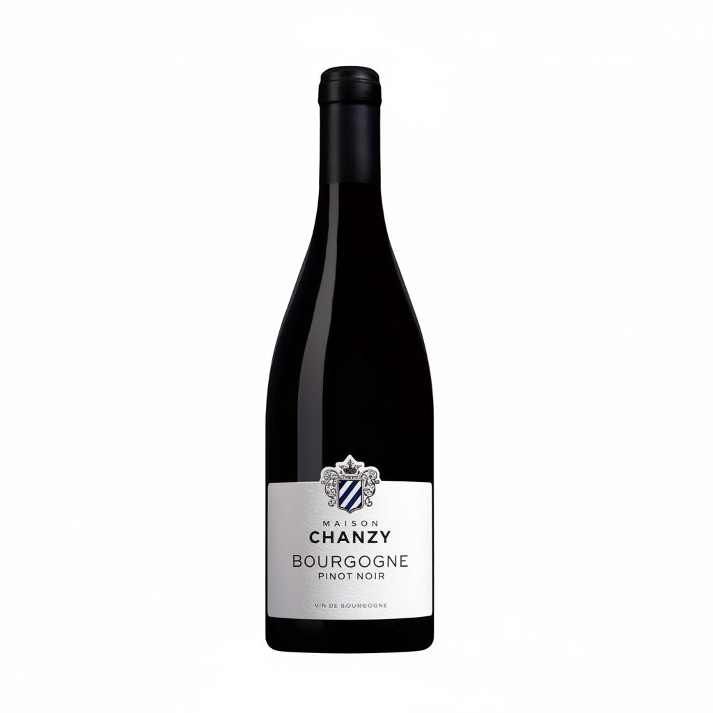 Glass of Chanzy Bourgogne Pinot Noir wine showing deep red color and elegant presentation.
