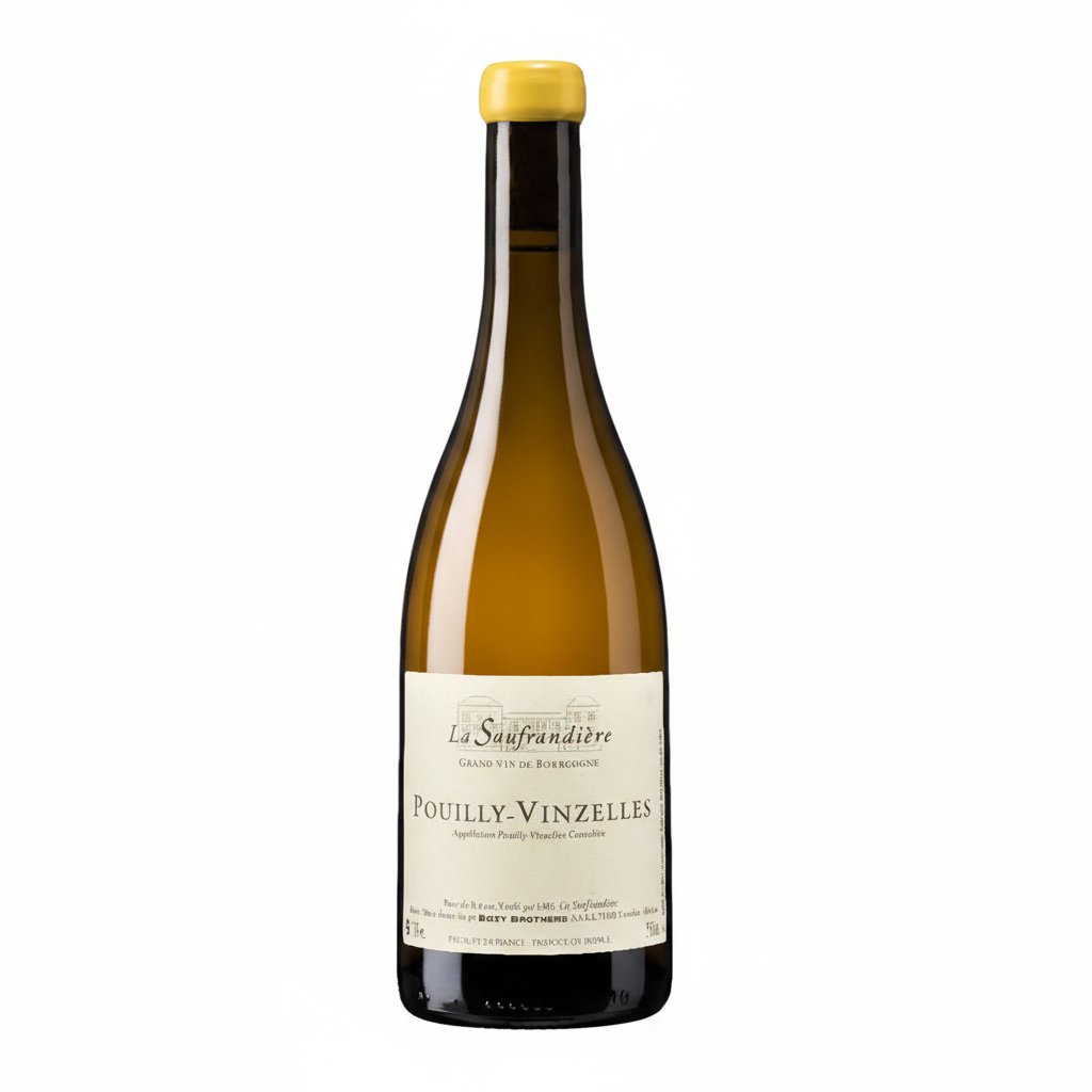 Domaine Domaine de la Soufrandiere Pouilly Vinzelles La Bonnode wine bottle with label and cork on a wooden surface.