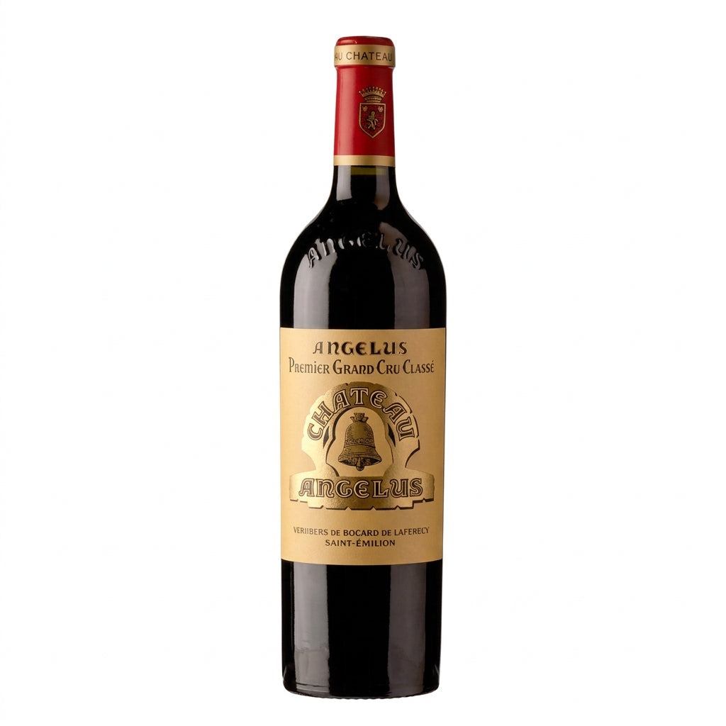 Chateau Angelus 2021 wine bottle with a classic label and deep red color, standing upright on a neutral background.