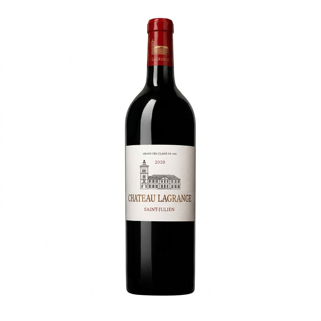 Bottle of Chateau Lagrange red wine with a dark label and elegant capsule, presented on a reflective surface.