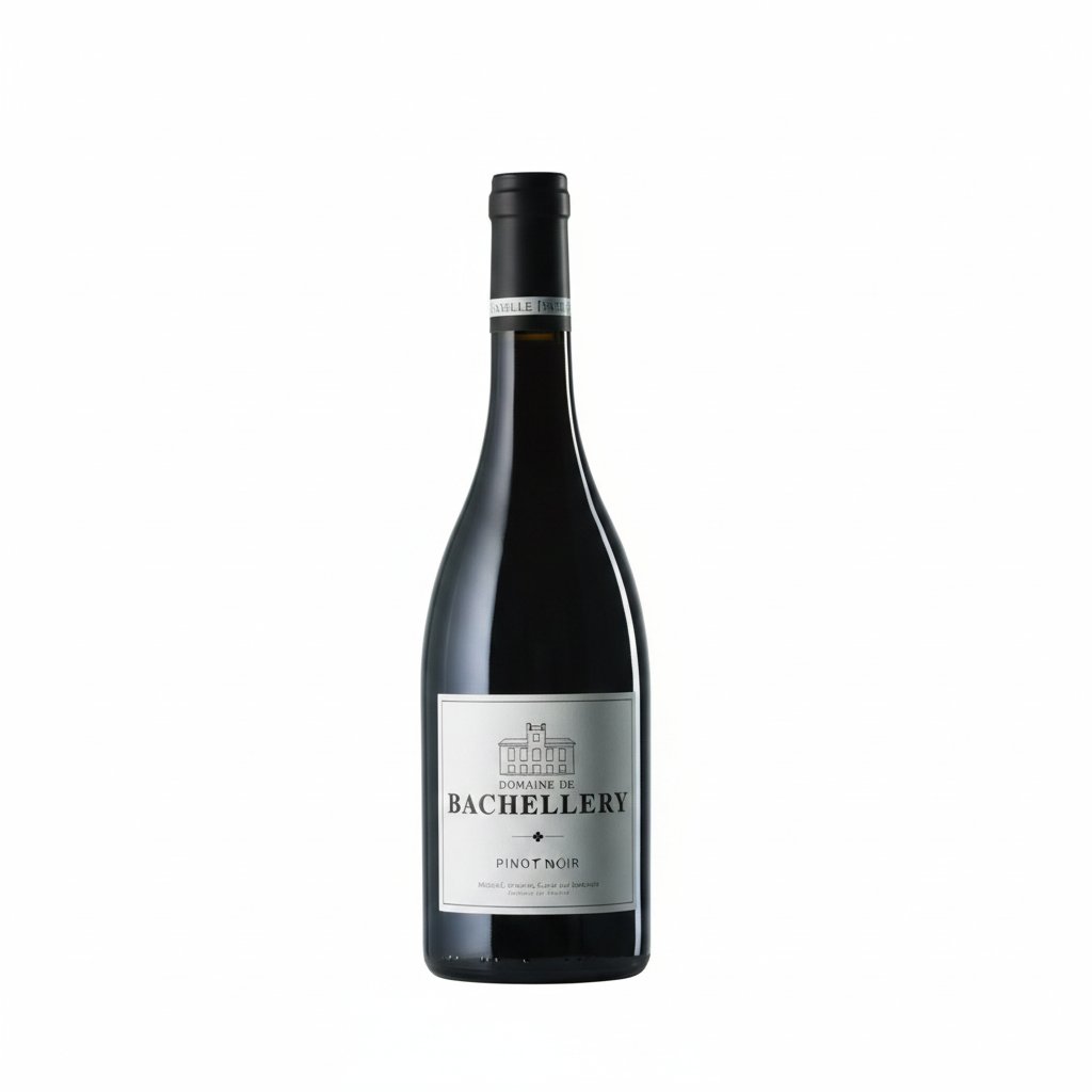 Bottle of Domaine De Bachellery Pinot Noir Rouge featuring a dark red wine in a glass with a vineyard background.