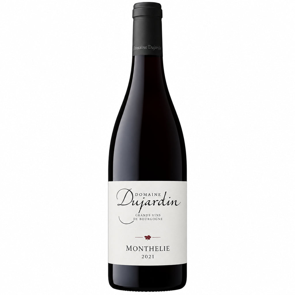 Domaine Dujardin Monthelie Rouge red wine bottle with label, showcasing deep red color and elegant design.