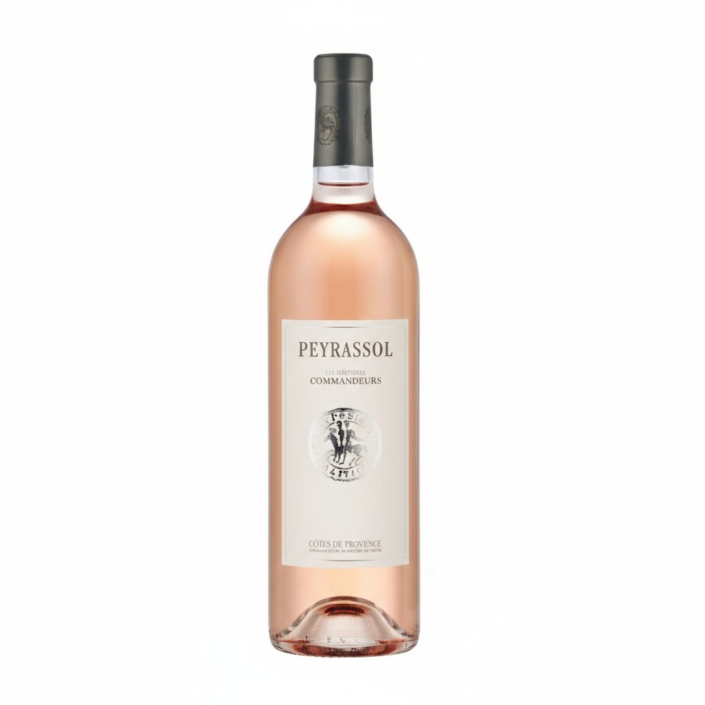 Peyrassol Les Commandeur Provence Rose wine bottle with a pink label, set against a rustic background.