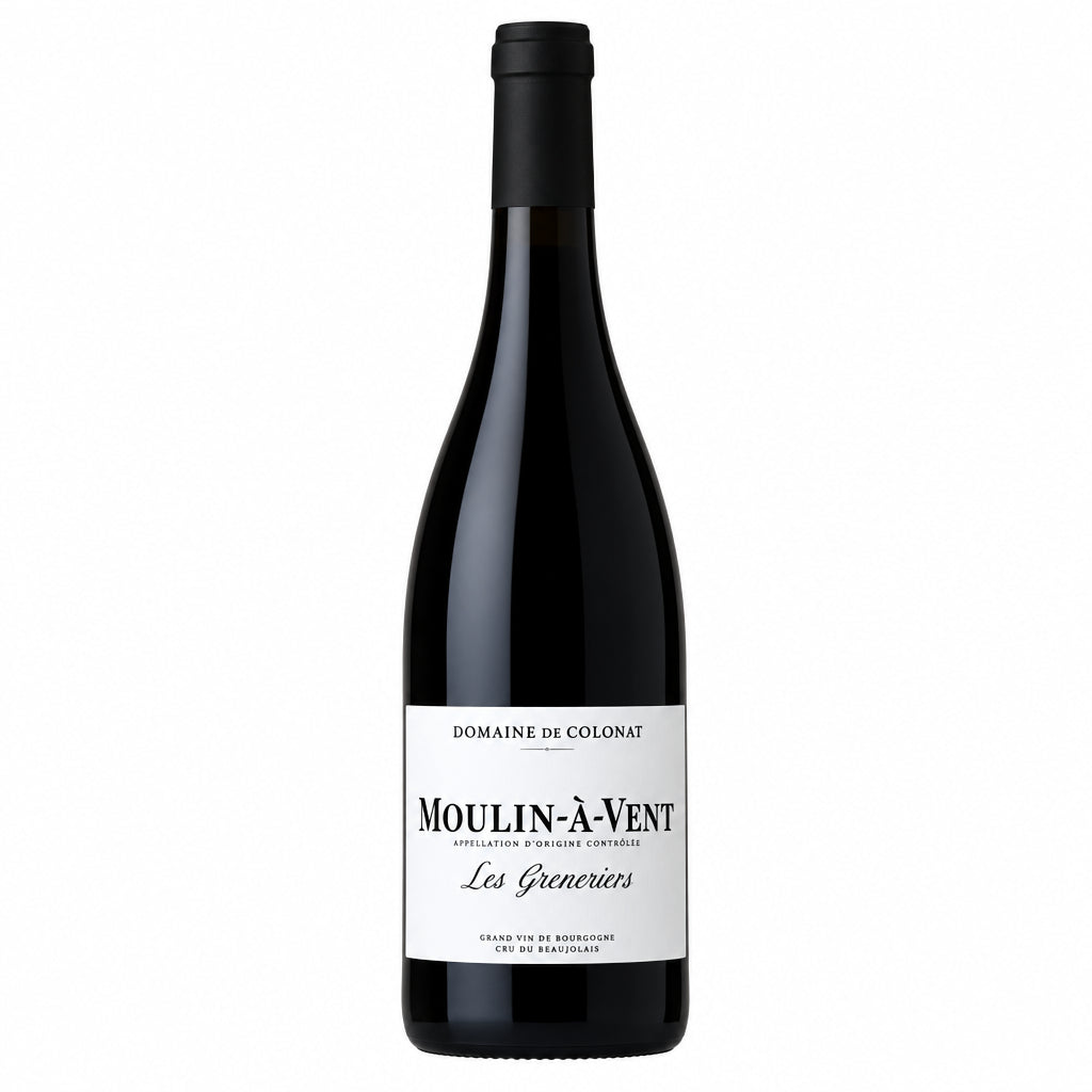 Domaine Domaine de Colonat Moulin A Vent Les Greneriers red wine bottle with label on a wooden surface.