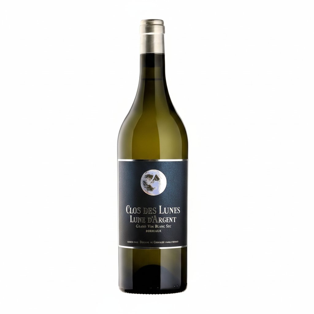 Close-up of a bottle of Clos Des Lunes Lune D'argent wine with a sleek label, set against a neutral background.