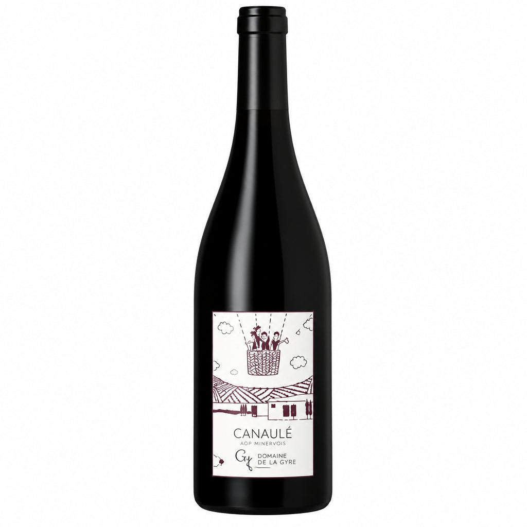 Close-up of a bottle of Clos Roussely Canaille Gamay wine with a dark glass bottle and label visible.
