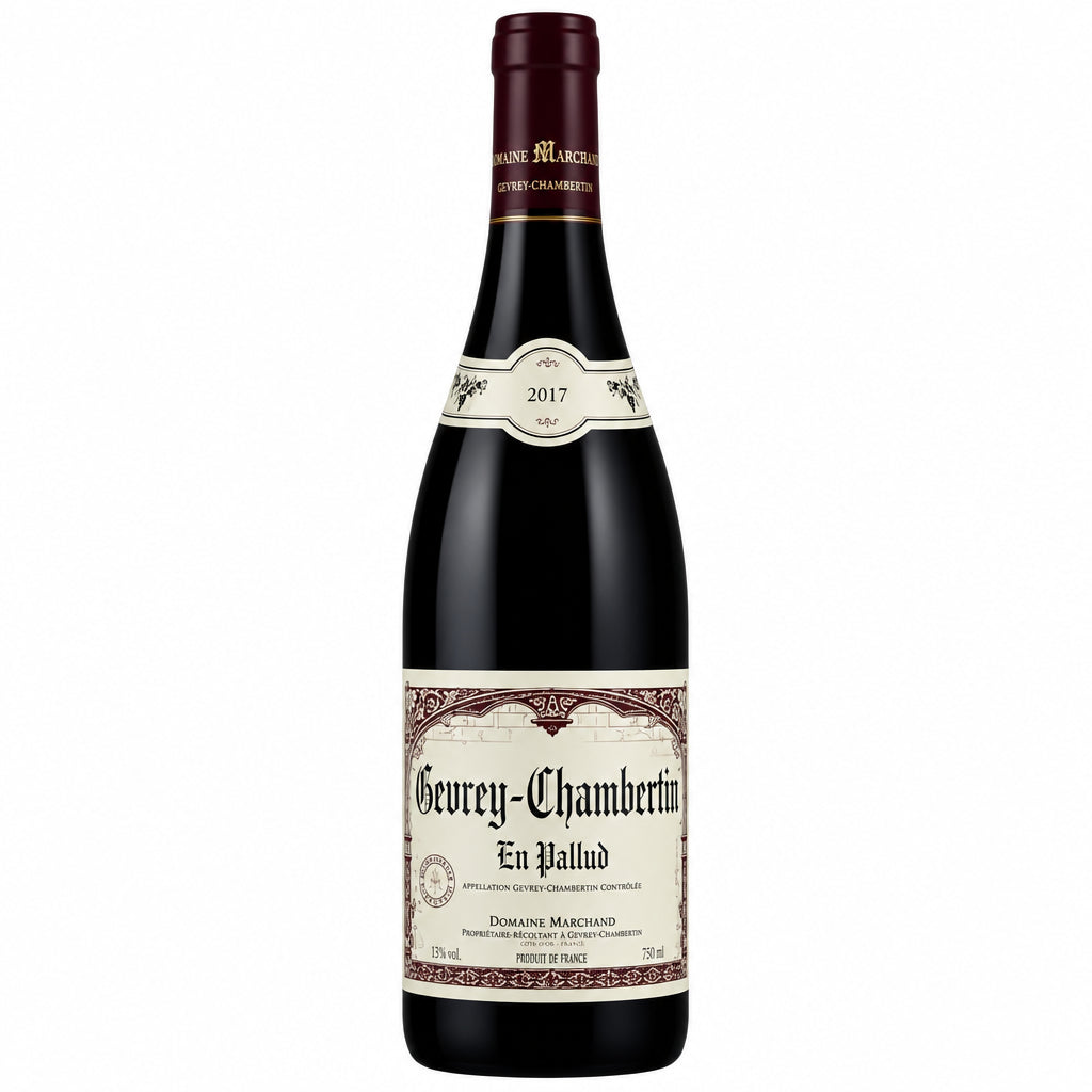 Bottle of Domaine Maume-Siblas Gevrey-Chambertin Premier Cru Les Cherbaudes wine displayed in a glass with a blurred vineyard background