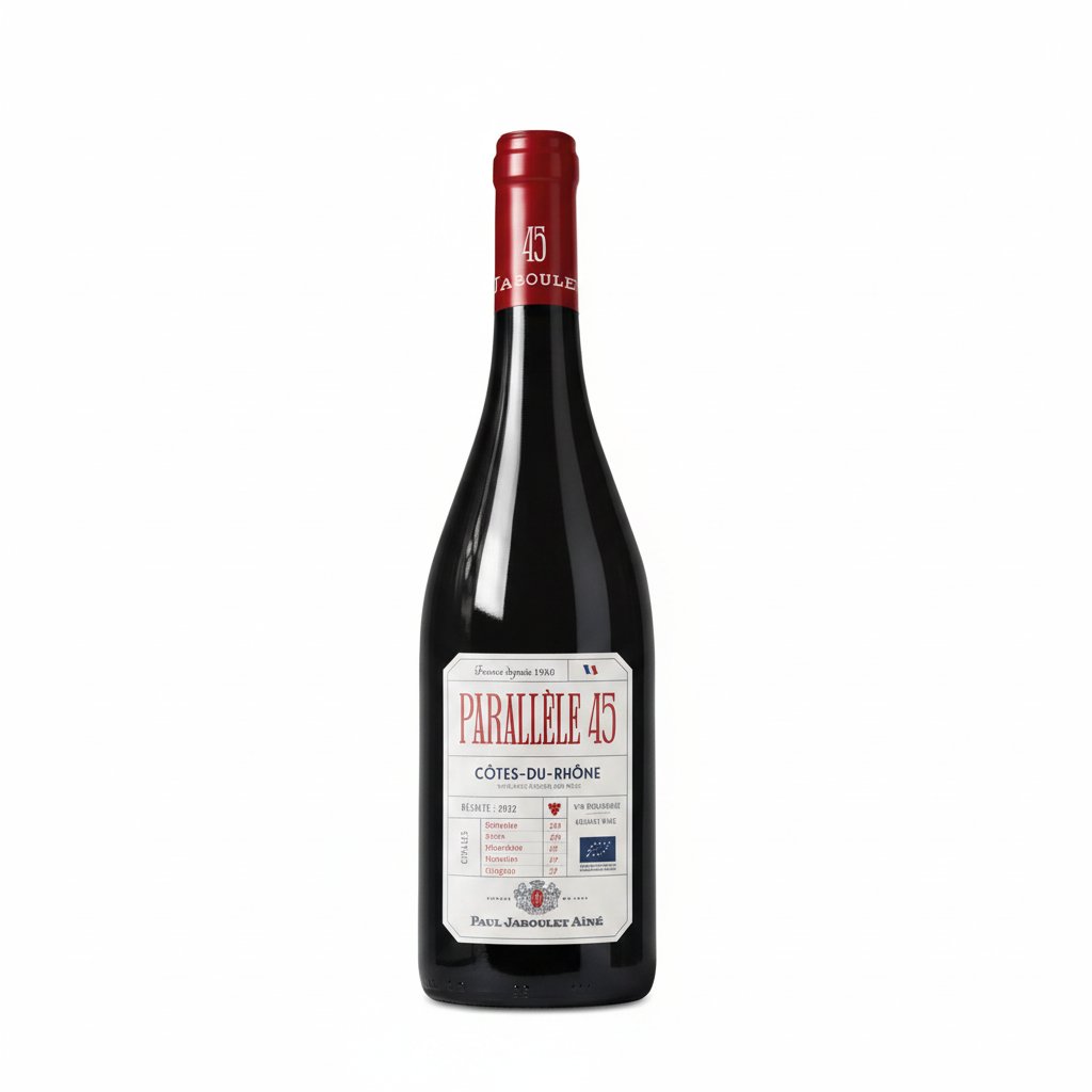 Bottles of Domaine Paul Jaboulet Cotes Durhone Parallele 45 Rouge wine displayed on a table with glasses.