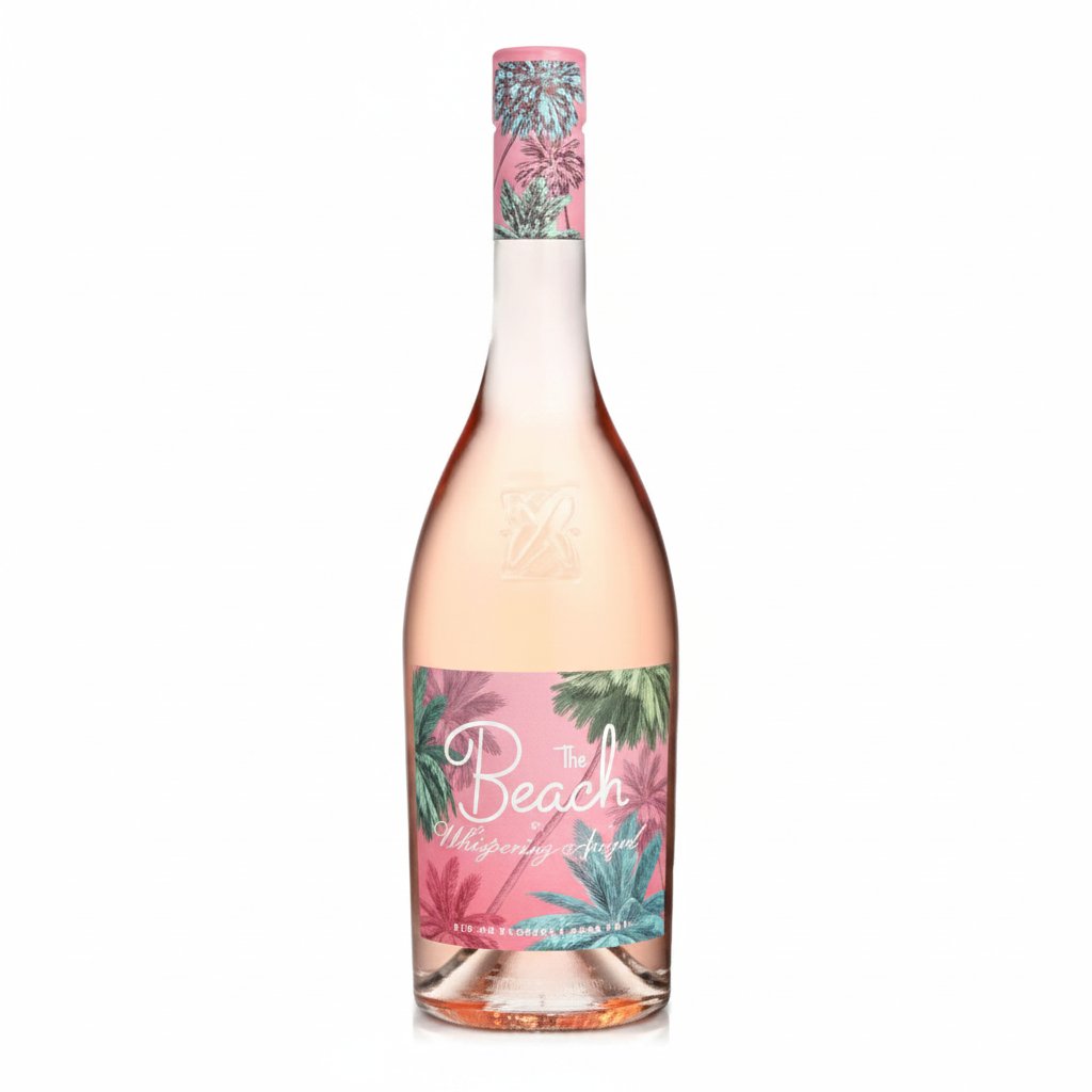 A bottle of The Beach Rose by Whispering Angel with a pink label, set against a white background.