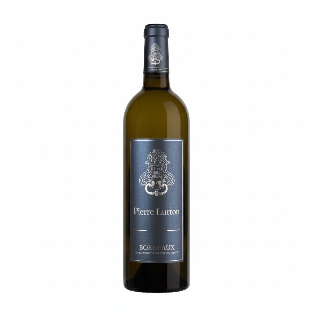 Pierre Lurton White wine bottle from the Pierre brand, featuring a sleek design and elegant label on a plain background.