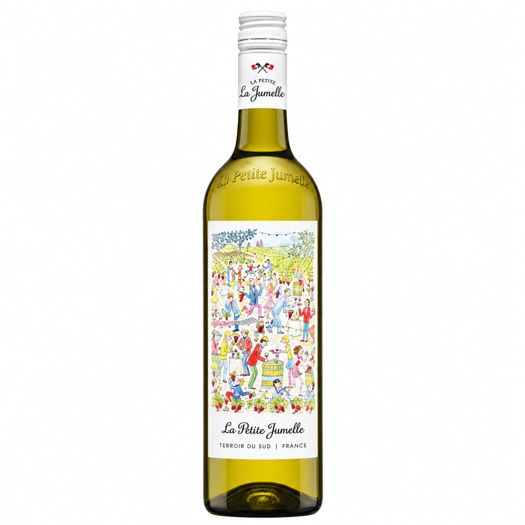 Les Petites Jamelles Blanc wine bottle, featuring a white wine label with elegant design and vineyard imagery.