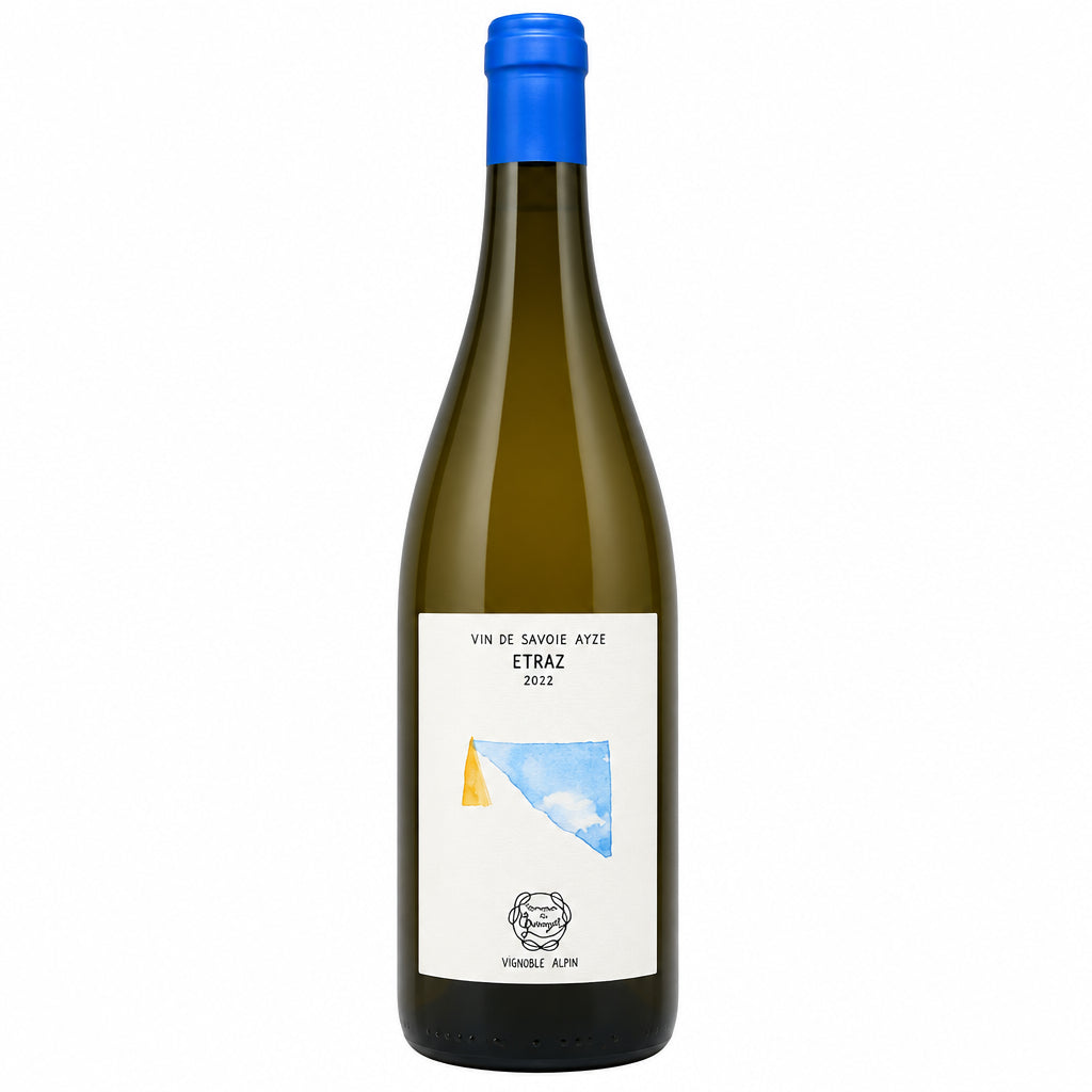Bottle of Domaine Du Gringet Etraz 2022 white wine with a label showing elegant design and vintage year on a wooden surface.
