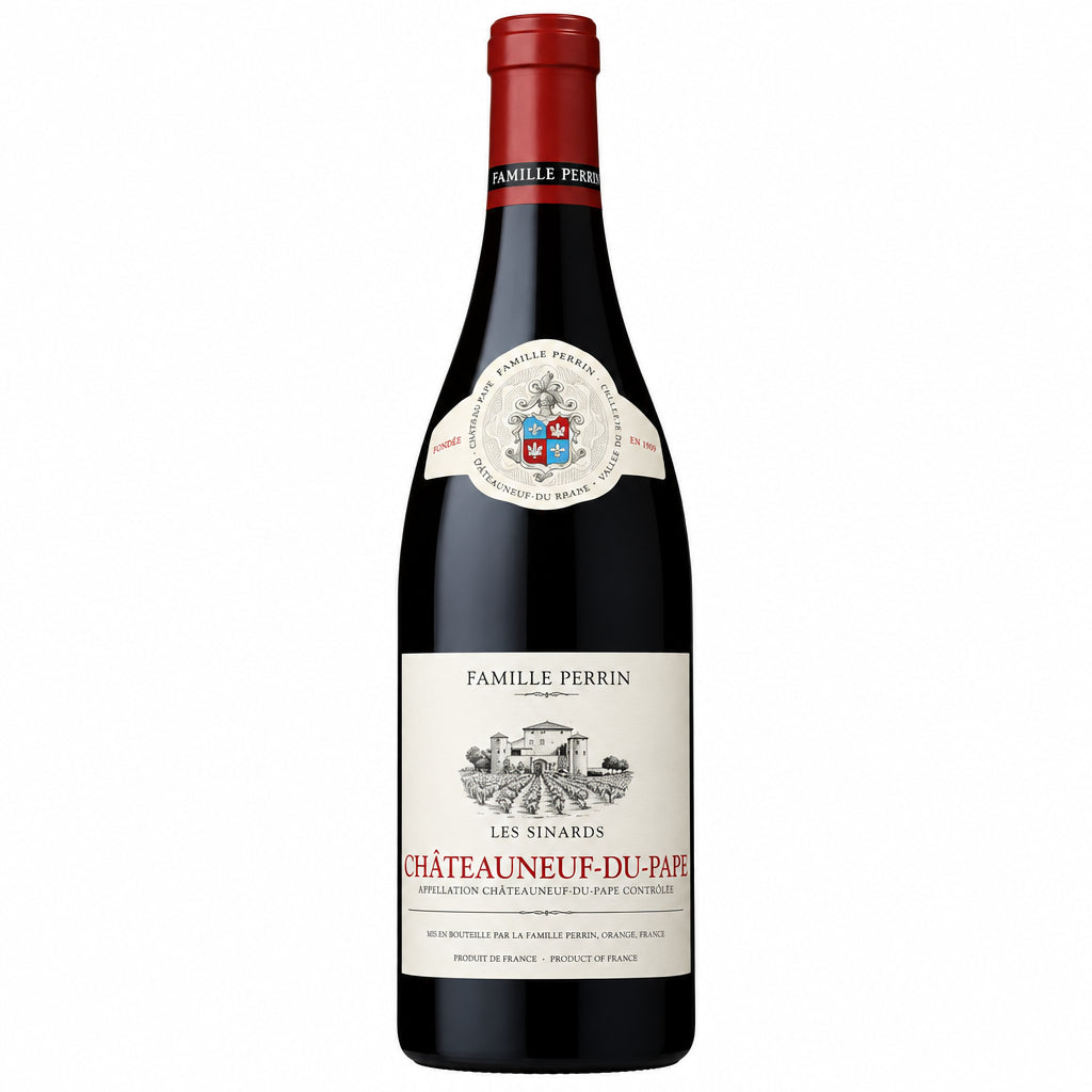 Famille Perrin Chateauneuf-du-Pape Les Sinards 2021/2022 wine bottle with label and deep red color visible.