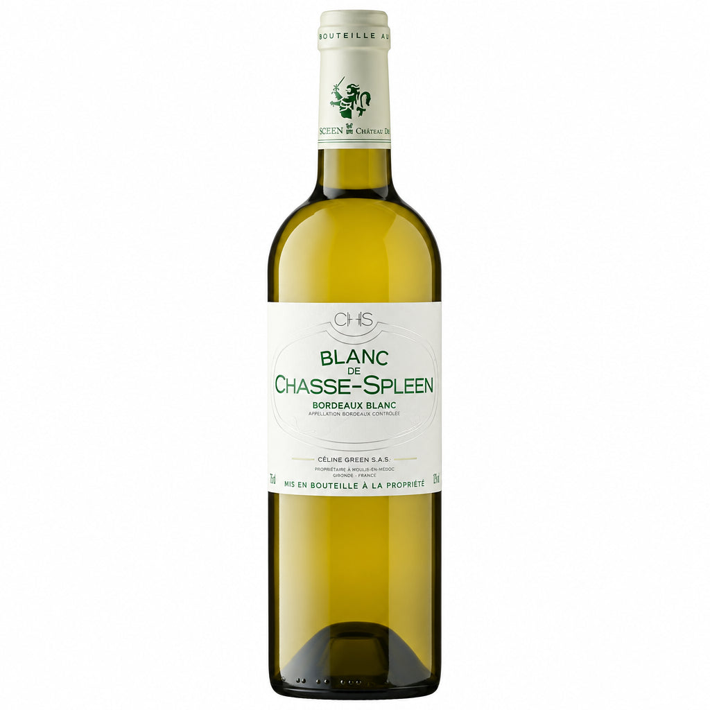 Chateau Chasse Spleen Blanc wine bottle with label, showcasing a white wine from the Bordeaux region.