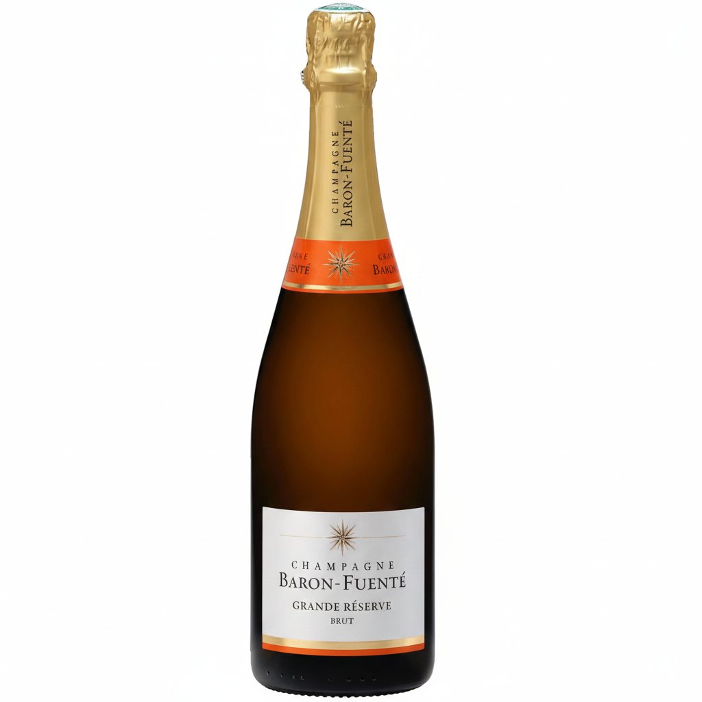 Baron-Fuente Reserve Brut Champagne bottle with gold foil and elegant label, displayed on a neutral background.