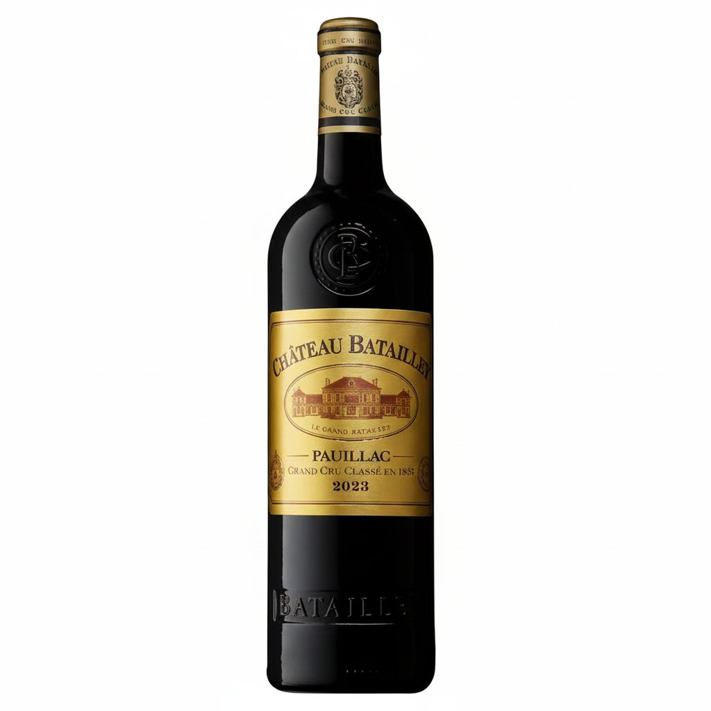 Bottle of Chateau Batailley 2016 red wine with label visible, showcasing a rich, dark Bordeaux wine from the Chateau estate.