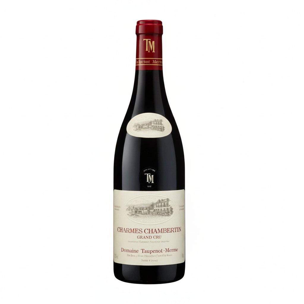 Taupenot-Merme Charmes Chambertin wine bottle with label and dark glass, showcasing the elegant wine packaging.