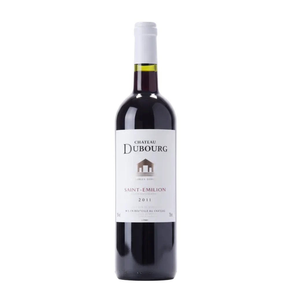Chateau Dubourg wine bottle with label, showcasing a red wine from the Chateau brand, on a neutral background.