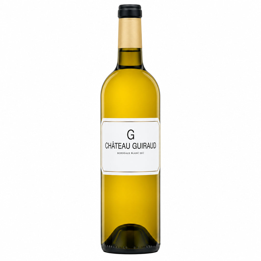 Chateau Le G De Guiraud Bordeaux Blanc Sec wine bottle with label featuring elegant design and gold accents.