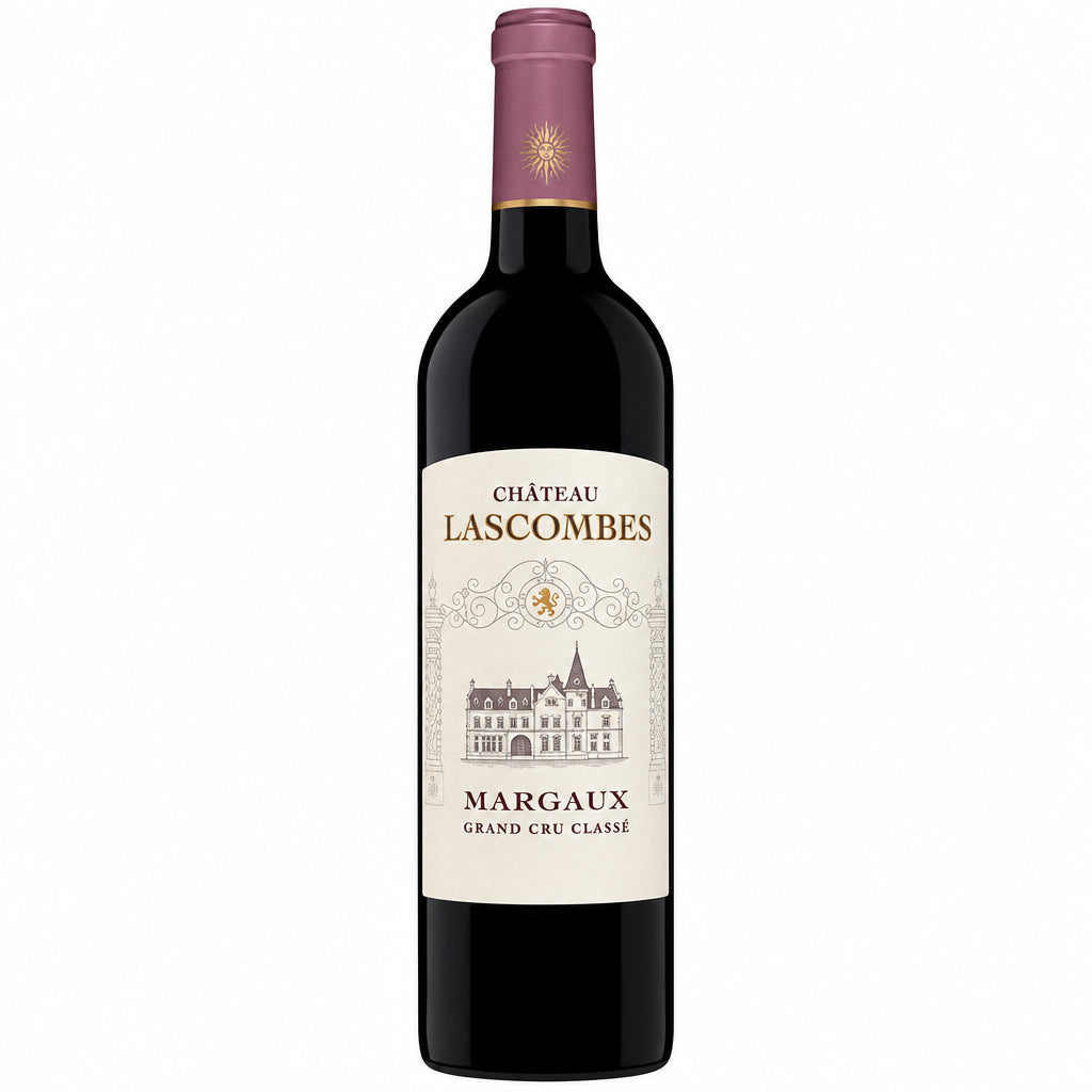 Bottle of Chateau Lascombes 2019 red wine with a dark label and gold accents, displayed on a wooden surface.