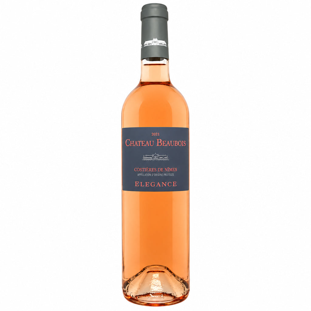 Chateau Beaubois Elegance Rose bottle with a pink and gold label, showcasing a fine wine in a clear glass bottle.
