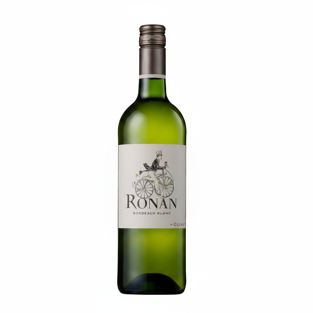 Ronan Bordeaux Blanc Clinet white wine bottle with label featuring elegant design and gold accents, ready for serving.