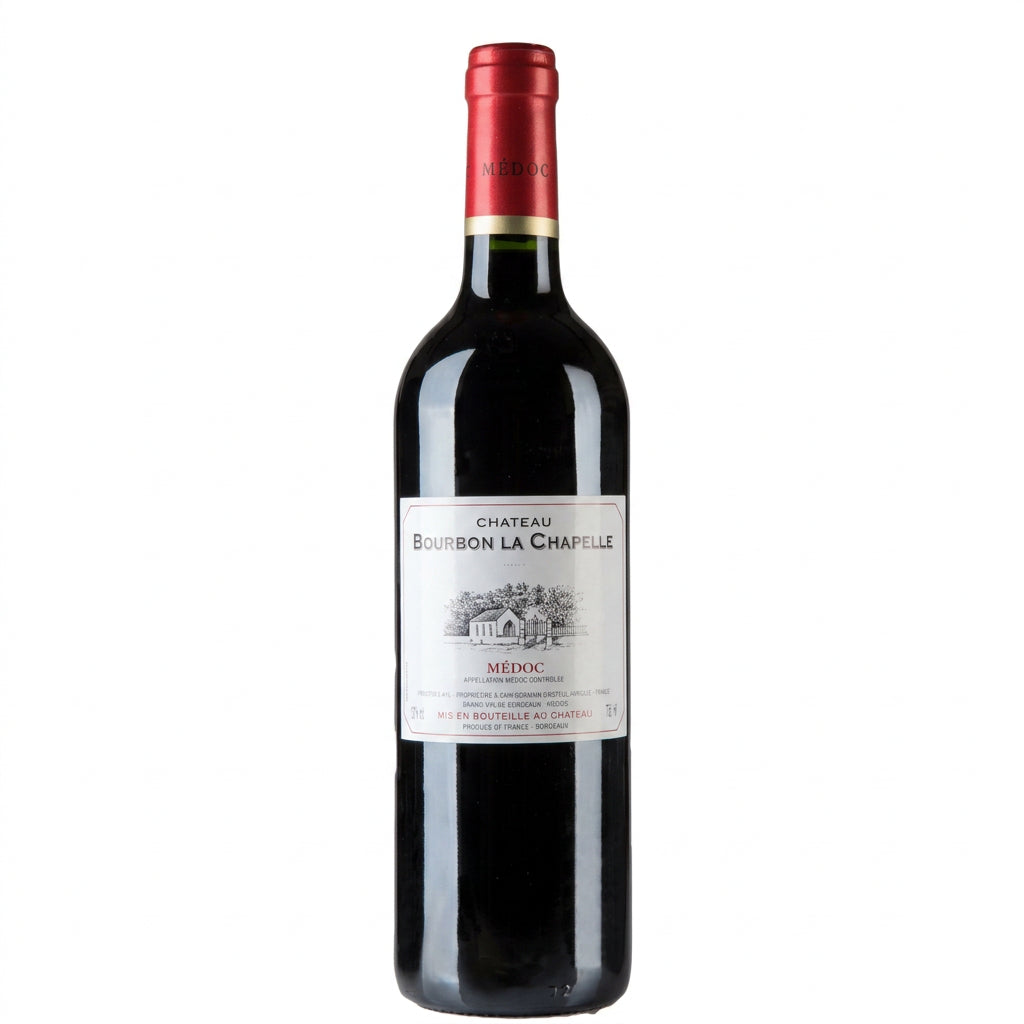Chateau Bourbon La Chapelle Medoc wine bottle with label, showcasing deep red color and elegant packaging.
