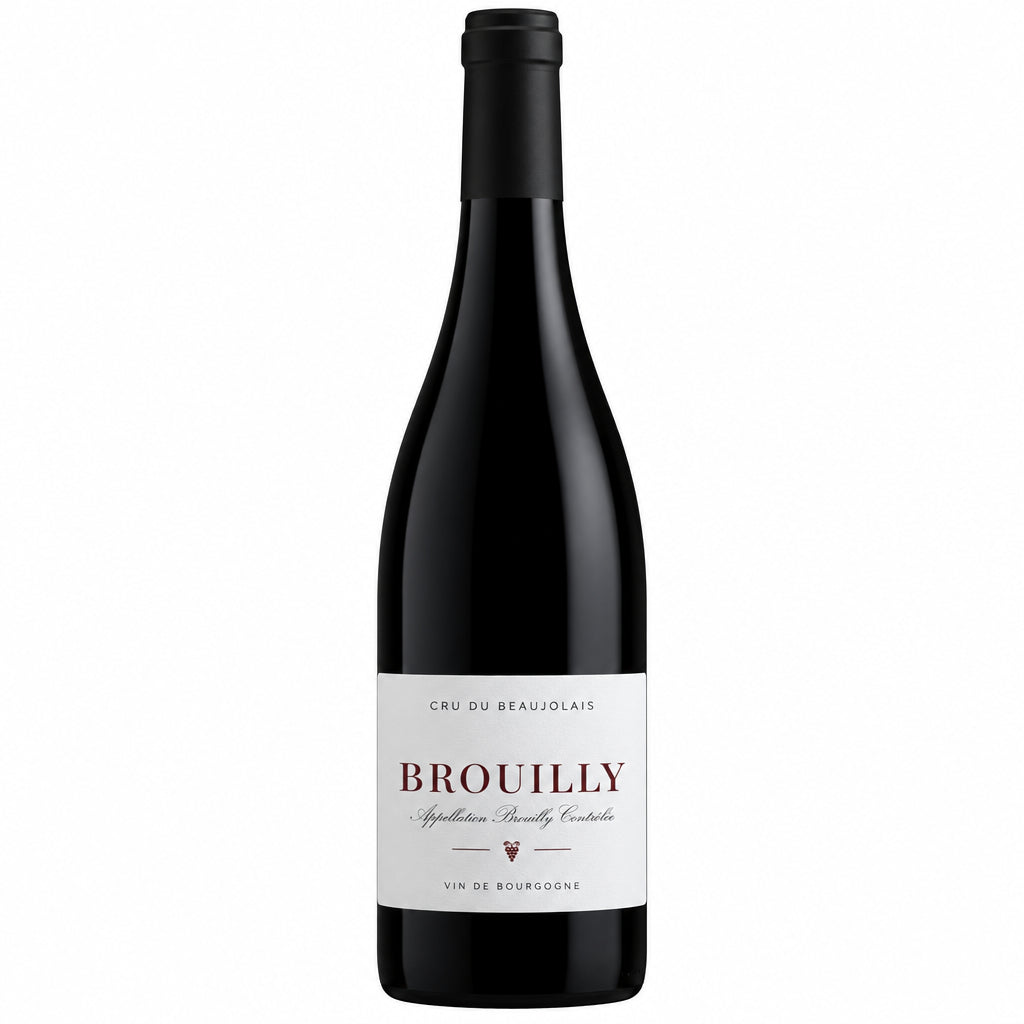 Bottle of Domaine de Colonat Brouilly Clos Reisser red wine with vineyard label and cork, in a clear glass bottle.