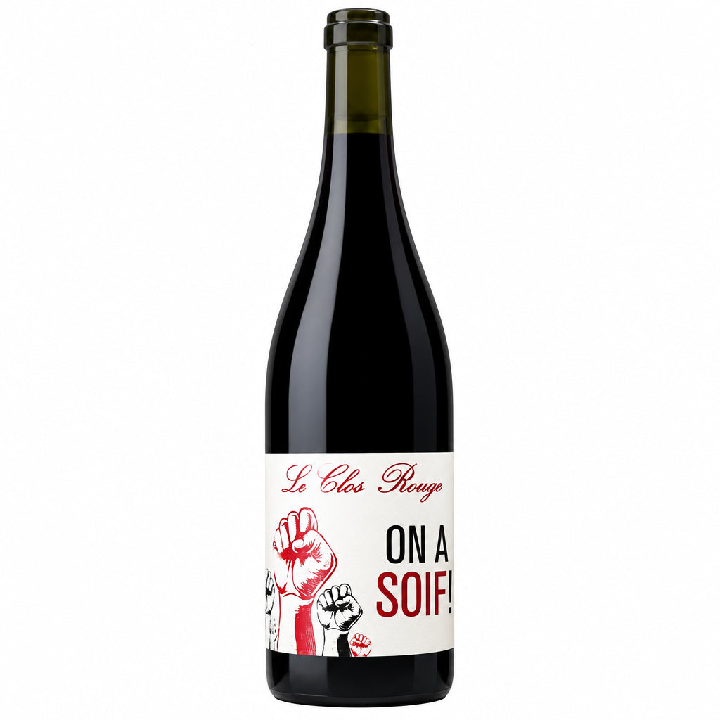 Le Clos Rouge On A Soif wine bottle with red label and cork, featuring a French wine design and elegant branding.