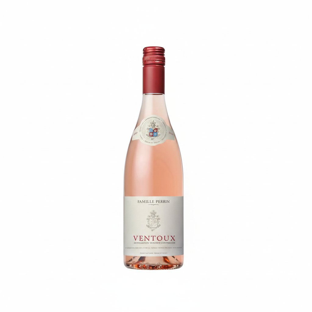 Glass of Perrin Ventoux Rose wine with a pink hue, set against a neutral background, showcasing the elegant wine's color and clarity.