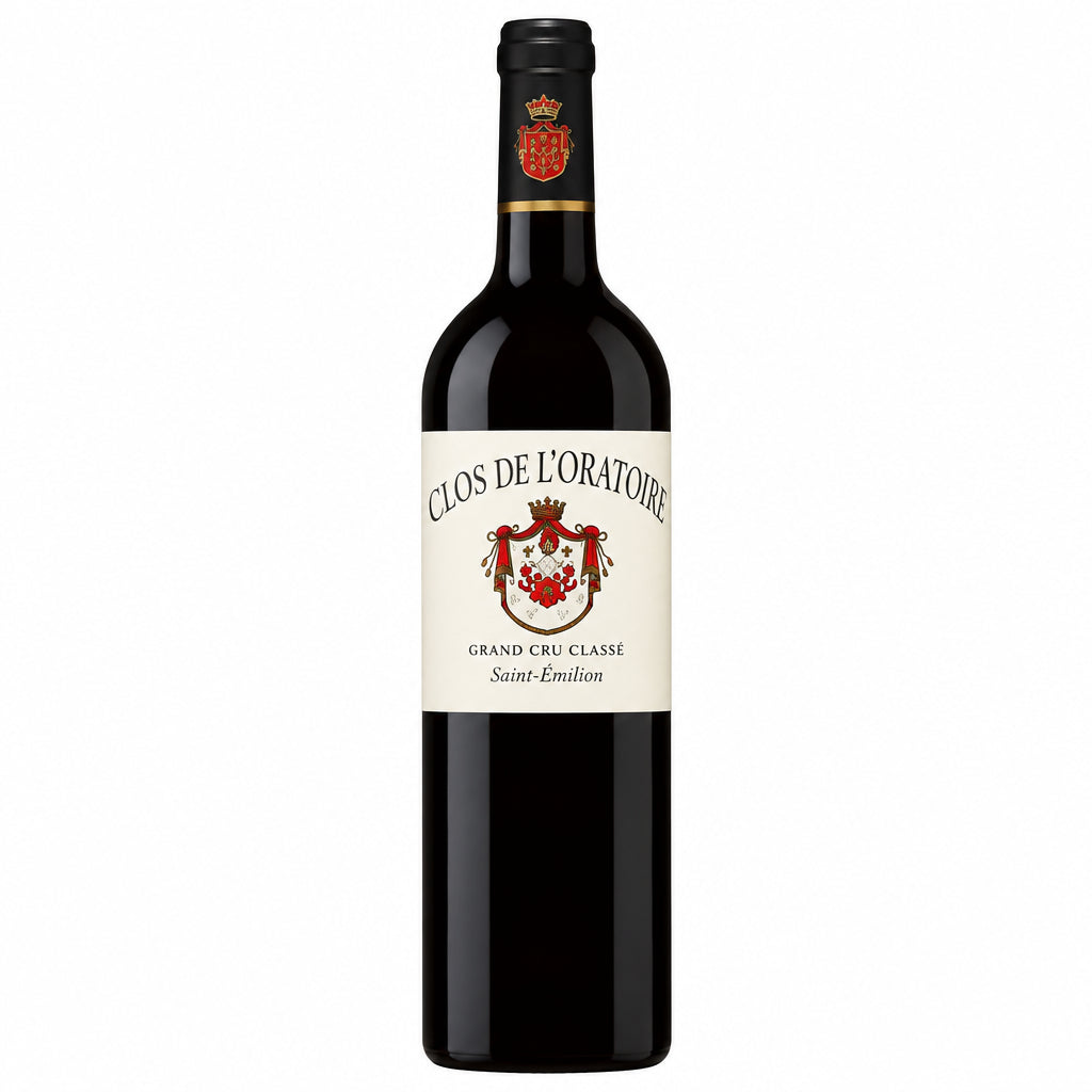 Bottle of Saint Emilion Gc Clos De L'Oratoire wine from Saint, featuring a dark glass bottle with a detailed label.