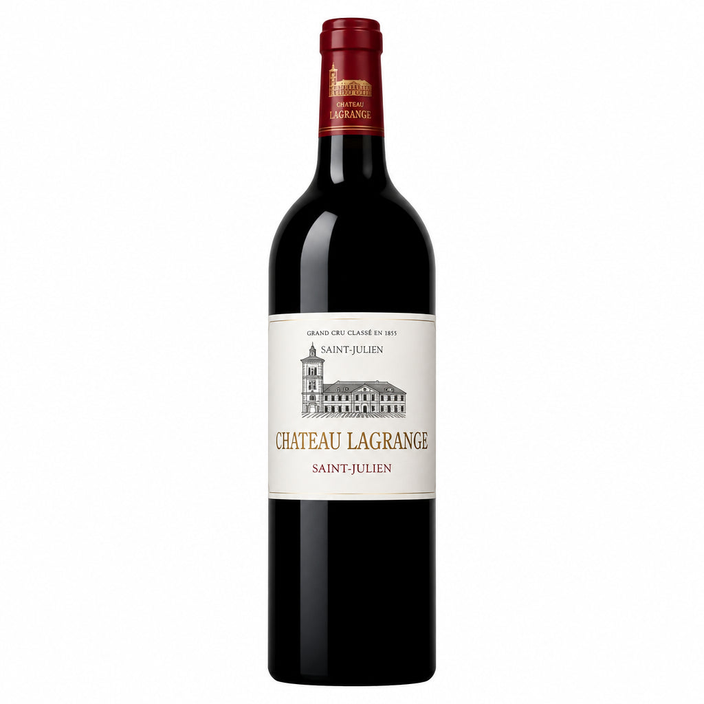 Bottle of Chateau Lagrange 2022 red wine with a classic label, set against a neutral background.