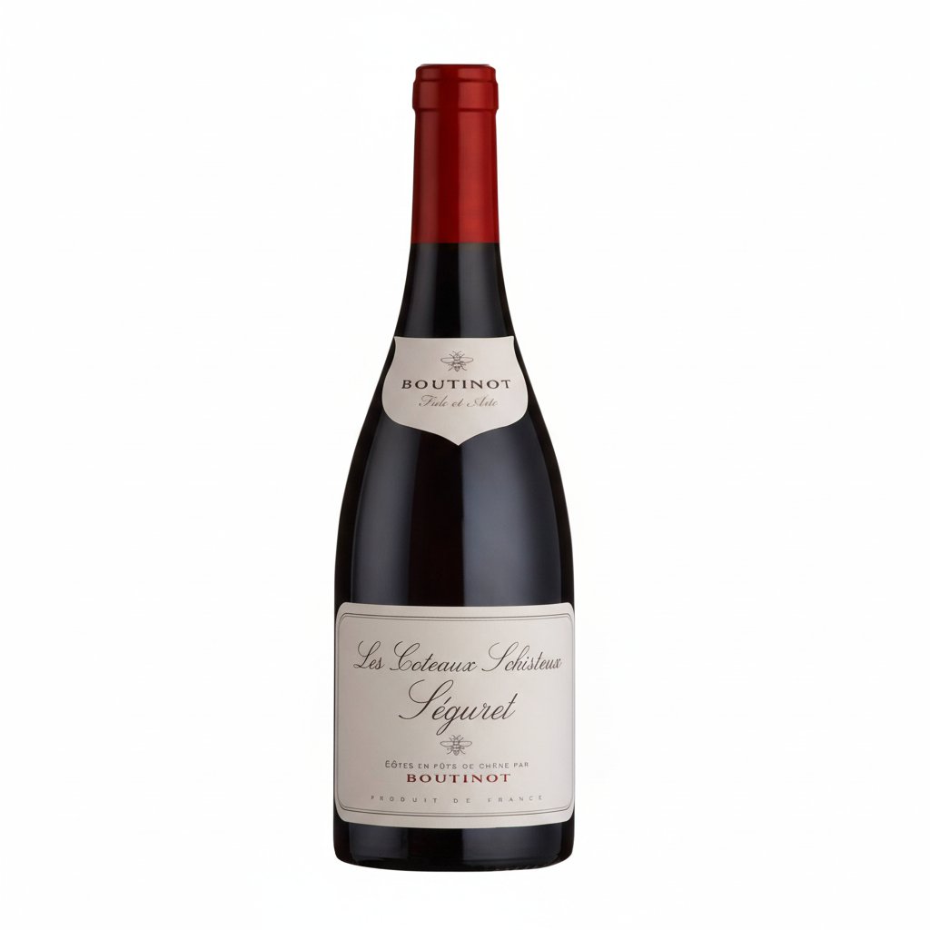 Boutinot Les Coteaux Schisteux Seguret wine bottle with label on a white background