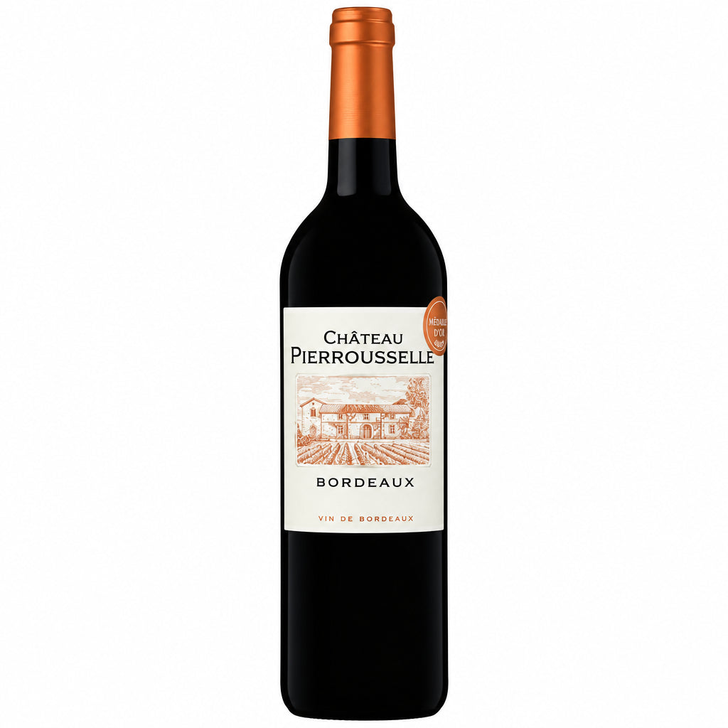 Chateau Pierrousselle wine bottle with elegant label, standing upright against a neutral background.