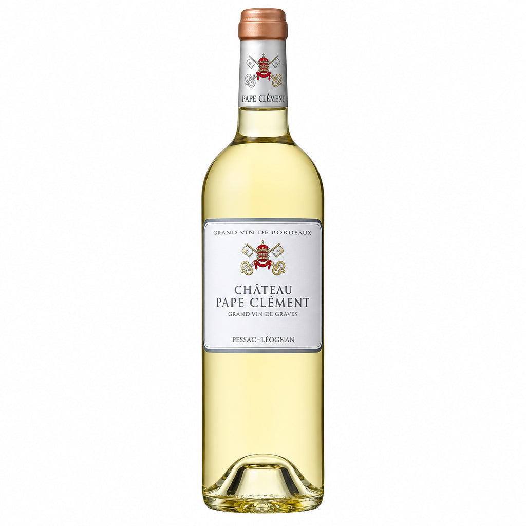 Chateau Pape Clement Blanc 2017 wine bottle with label, set against a neutral background, showcasing the elegant wine packaging.