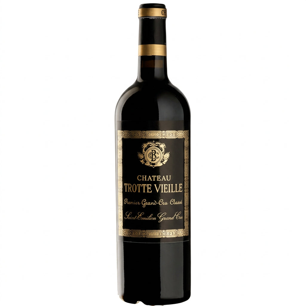 Chateau Trotte Vieille 2016 wine bottle with label showing from a front view on a neutral background.