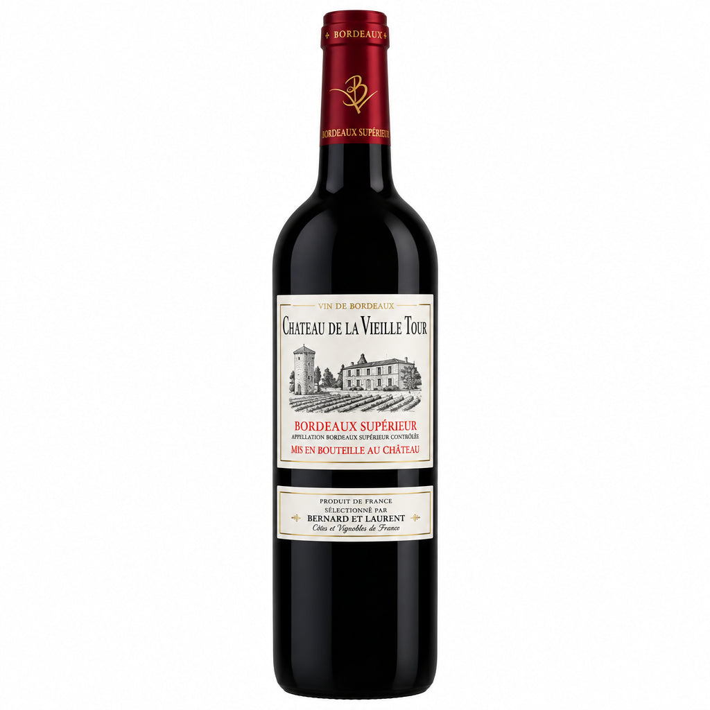 Chateau Chateau De La Vieille Tour 2020 wine bottle with label and foil cap, placed on a neutral background.
