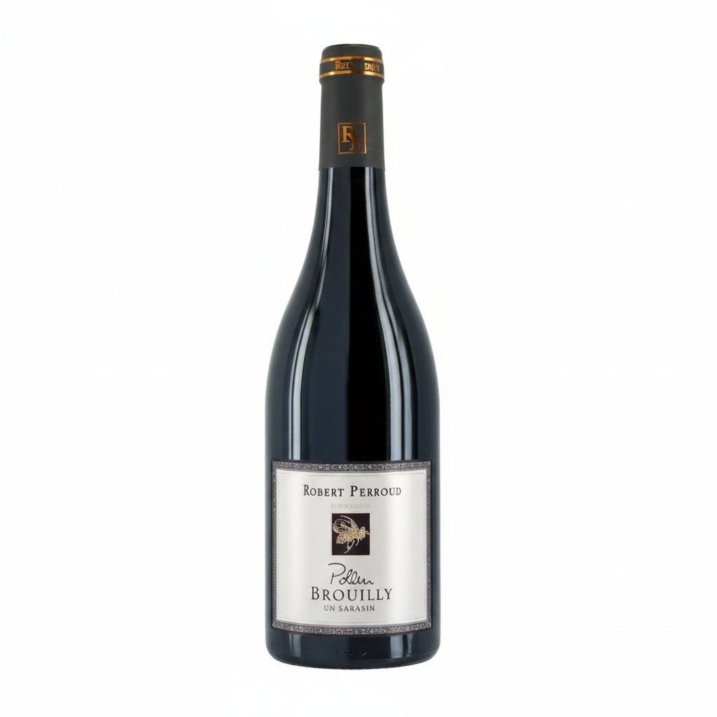 Bottle of Robert Perroud Brouilly Pollen wine with label visible, showcasing deep red color and elegant design.