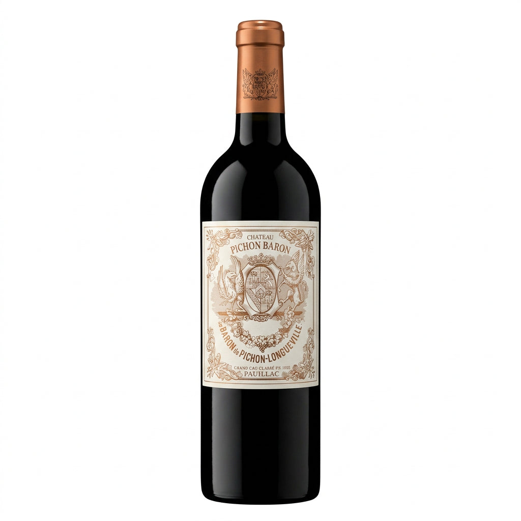 Chateau Pichon Longueville Baron wine bottle with label and glass of red wine, elegant presentation of the Bordeaux wine.