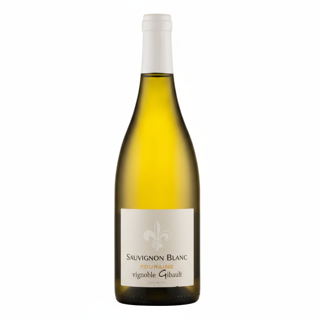 Vignobles Gibault Touraine Sauvignon Blanc wine bottle with label and glass of wine on a wooden table.