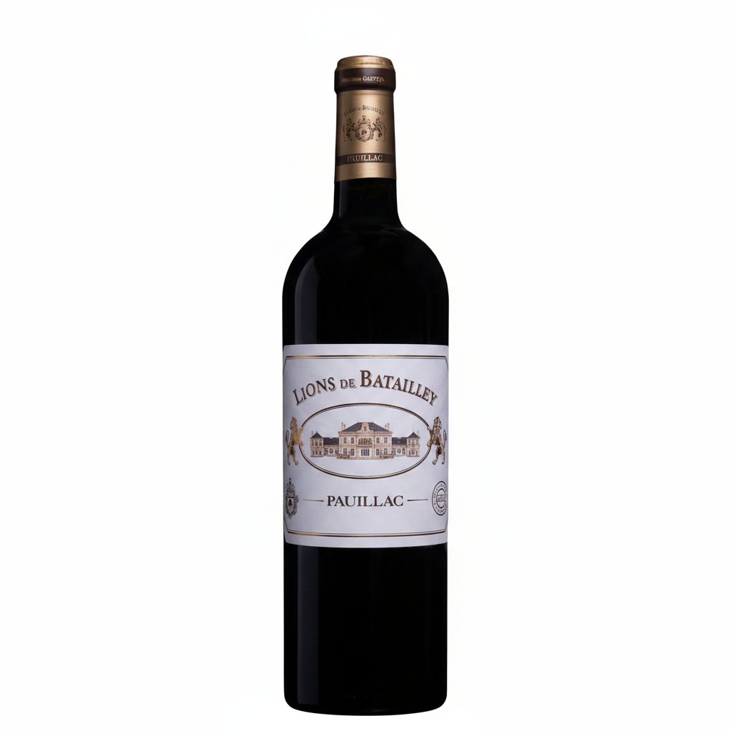 Chateau Batailley Lions De Batailley 2016 wine bottle with label featuring a lion emblem and elegant design.